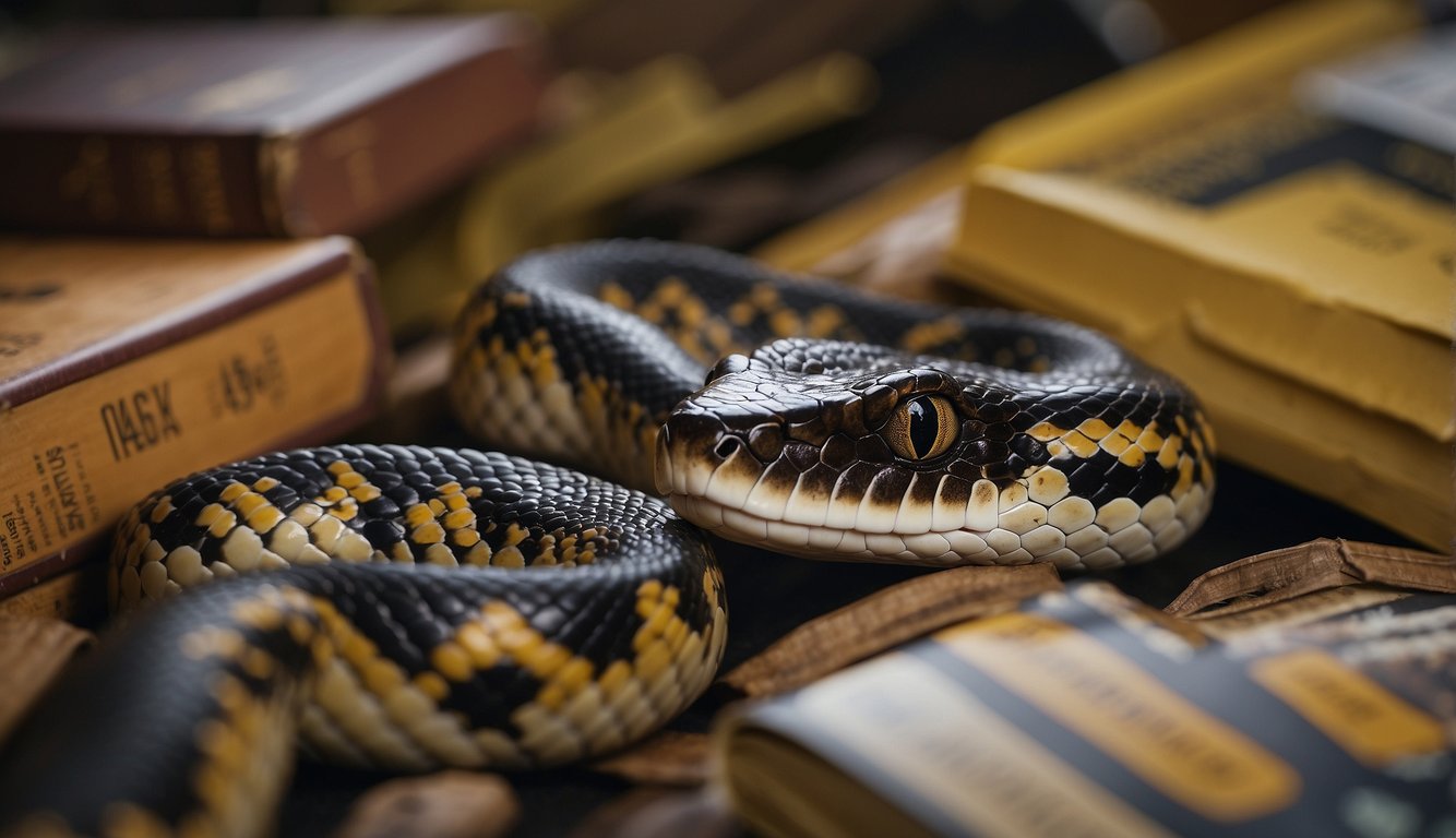 A collection of venomous snakes slithering among informational books and caution signs