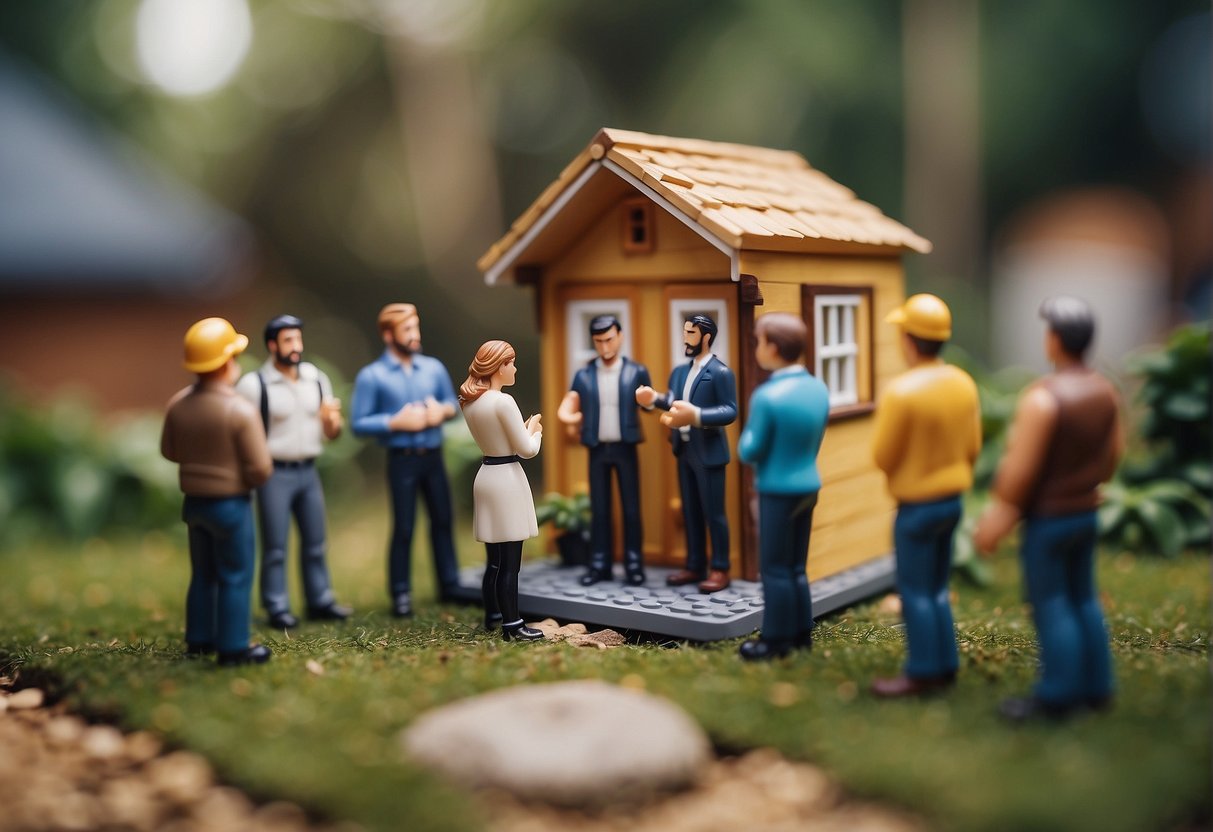 A group of people gather around a small, intricately designed tiny home, discussing and asking questions to the builders. The builders stand proudly, showcasing their work and answering inquiries