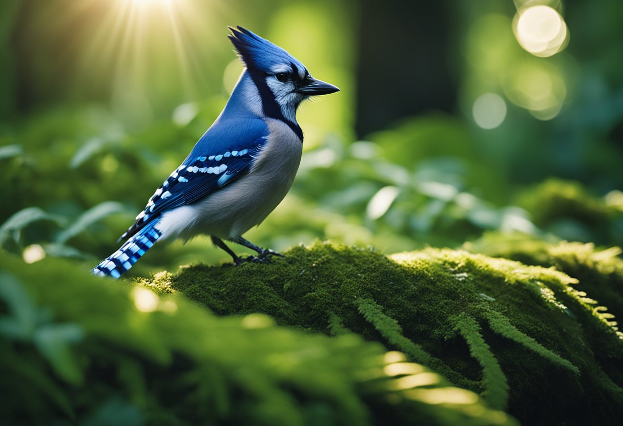 A blue jay feather rests on a mossy rock, surrounded by vibrant green leaves and sunlight filtering through the trees