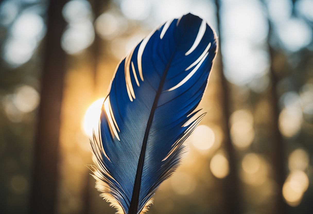 A blue jay feather floats gracefully in the air, surrounded by beams of soft, golden light, symbolizing spiritual guidance and protection