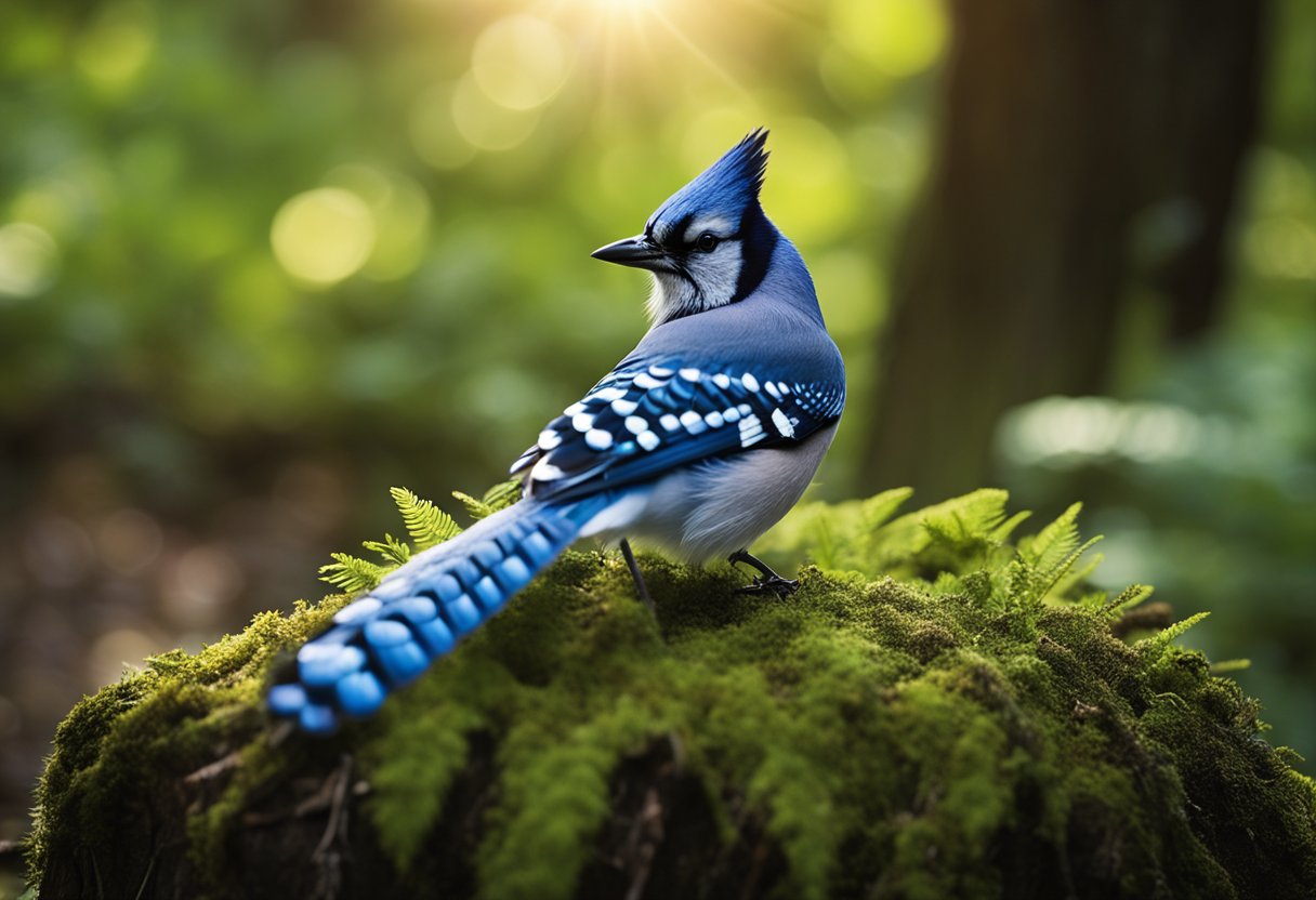 A blue jay feather rests on a mossy tree stump, surrounded by vibrant green leaves and the soft glow of sunlight filtering through the trees