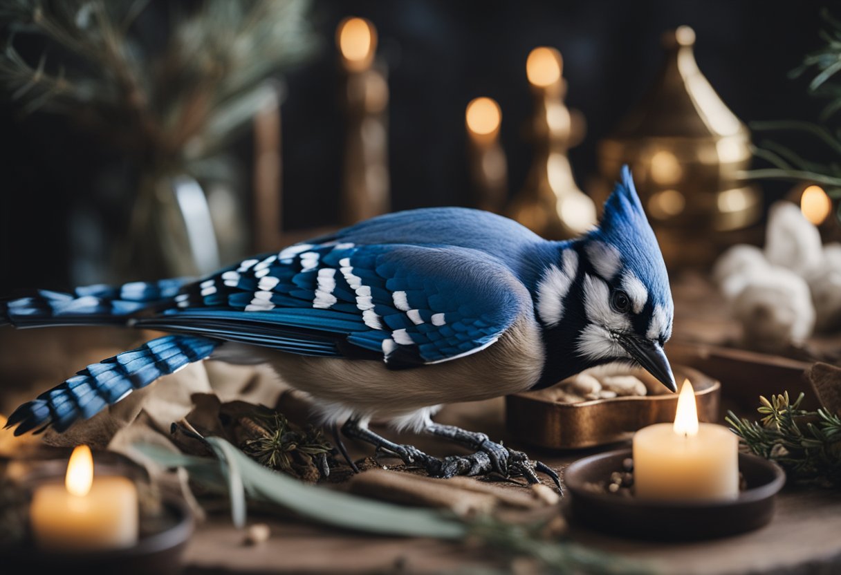 A blue jay feather is placed on an altar, surrounded by burning sage and other sacred items. It is being used in a spiritual ritual, symbolizing protection and communication with the spirit world