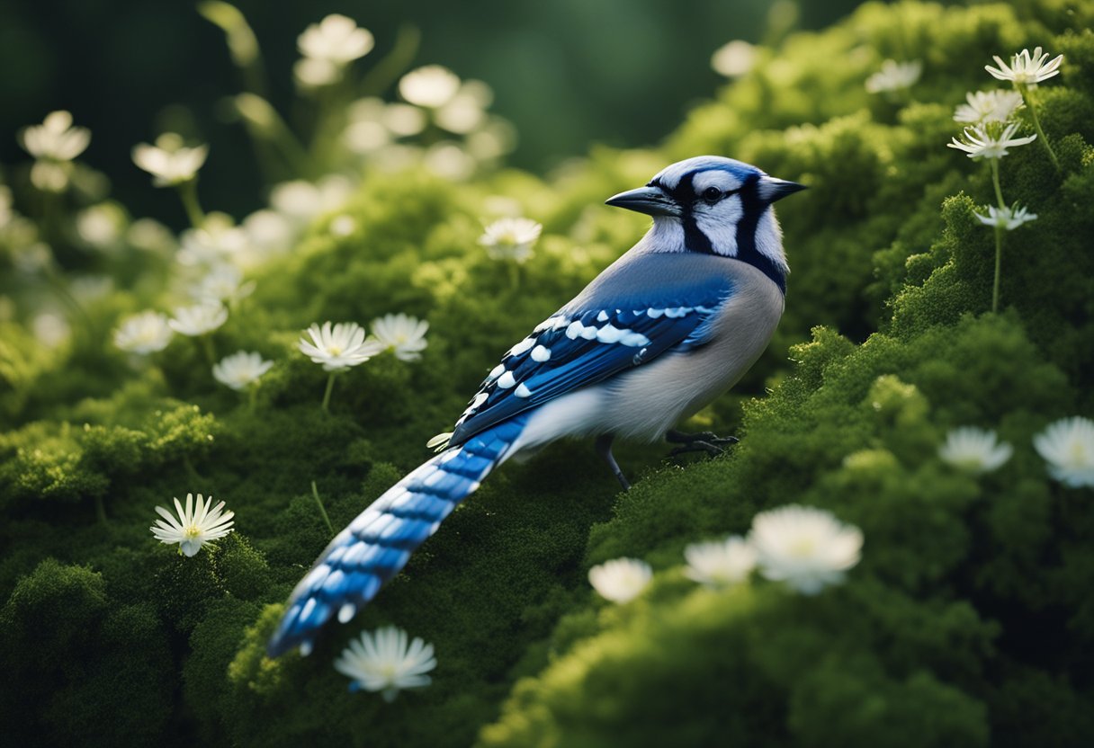 A blue jay feather rests on a bed of green moss, surrounded by budding flowers and a beam of sunlight, symbolizing personal growth and spiritual significance