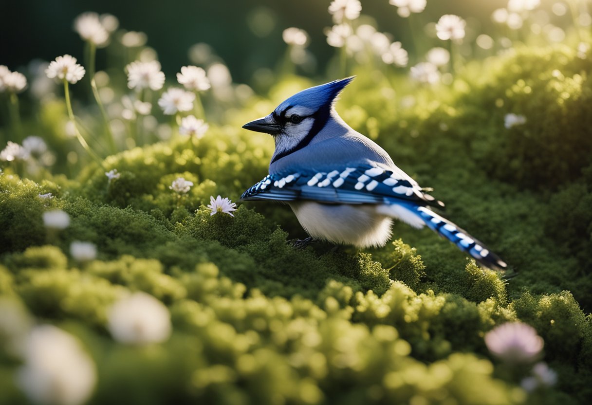 A blue jay feather resting on a bed of green moss, surrounded by delicate wildflowers and bathed in soft sunlight