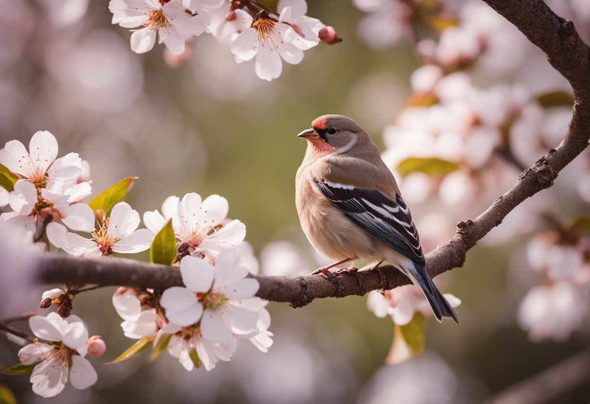 A finch perched on a blooming cherry blossom branch, surrounded by symbols of different cultures (e.g. a Celtic knot, a Hindu mandala, an African tribal pattern)
