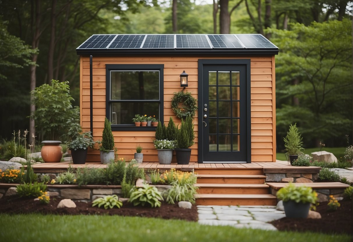 Tiny home builders in CT construct a cozy dwelling with solar panels and a lush garden