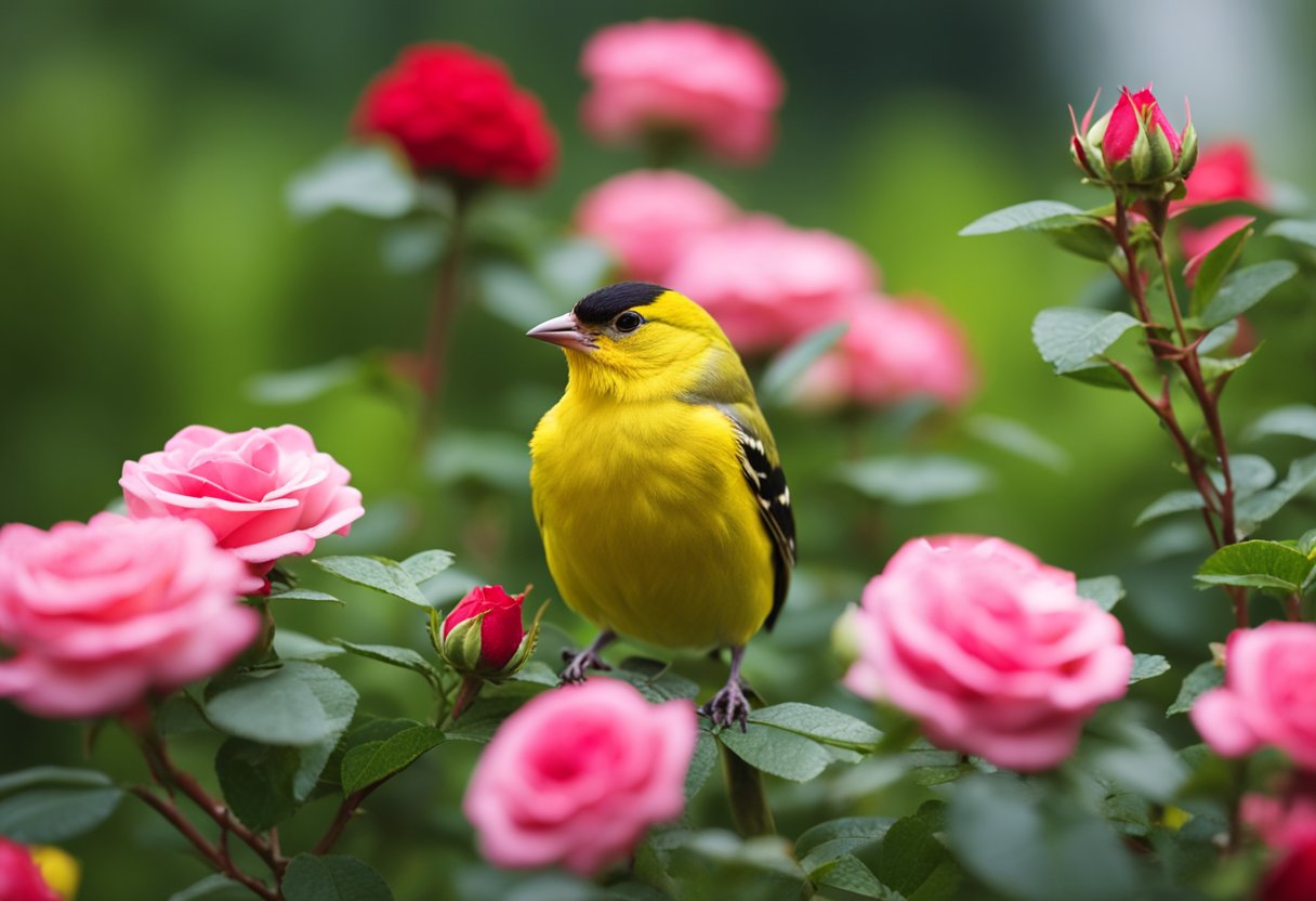 A vibrant yellow finch perched on a blooming red rose, surrounded by lush green foliage, symbolizing joy, passion, and growth
