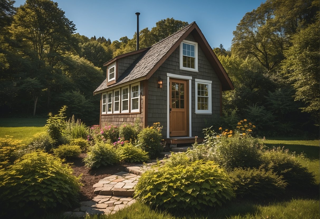 A tiny home nestled in the Connecticut countryside, surrounded by lush greenery and a tranquil setting, with a clear blue sky overhead