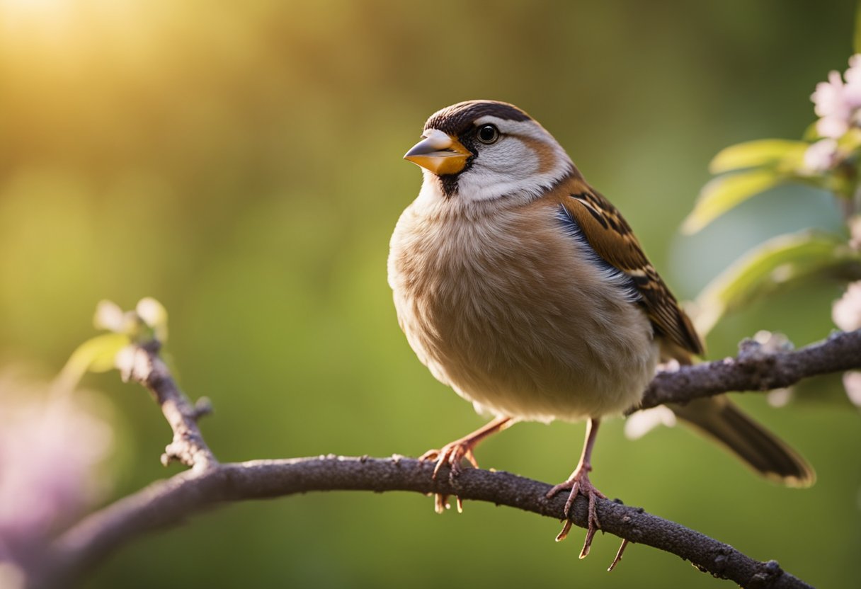 A finch perched on a branch, its vibrant feathers catching the sunlight. Its beak is open in a joyful song, symbolizing spiritual connection and freedom