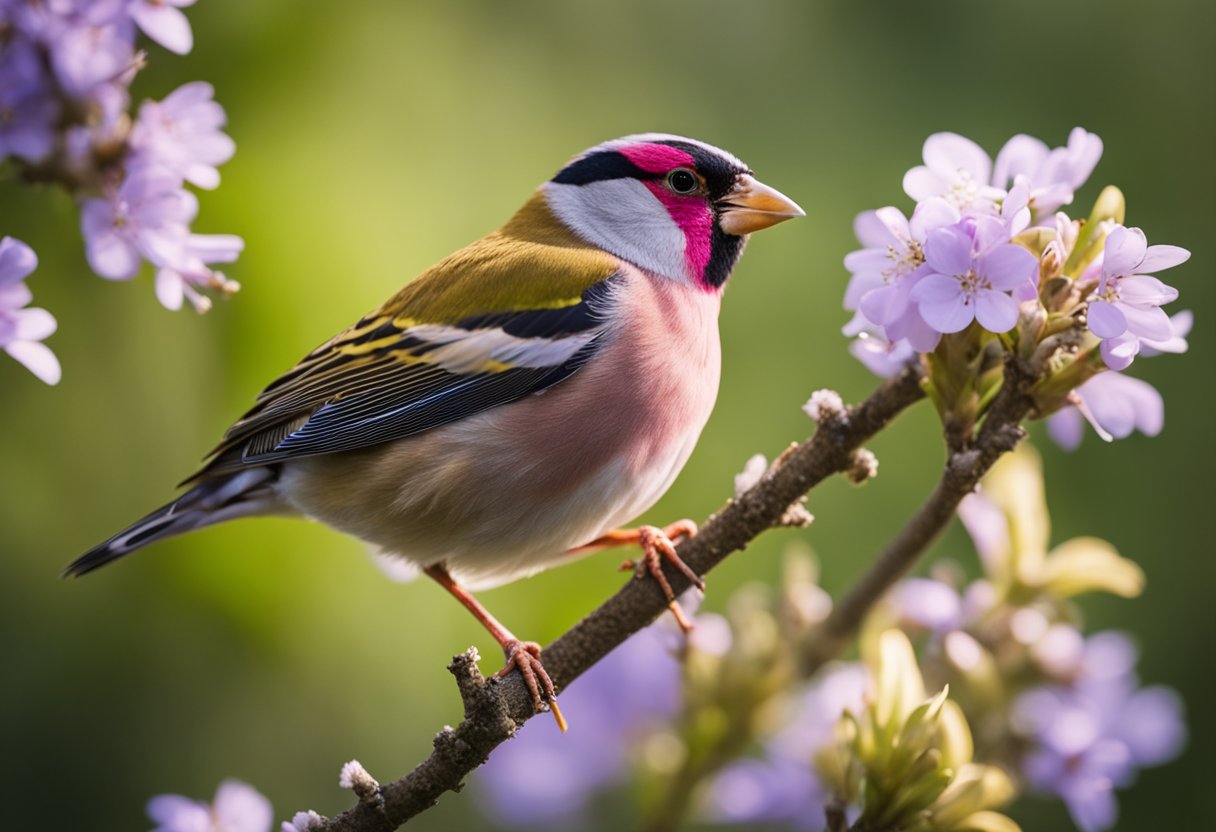 A vibrant finch perched on a blooming branch, surrounded by rays of sunlight and a sense of freedom and joy