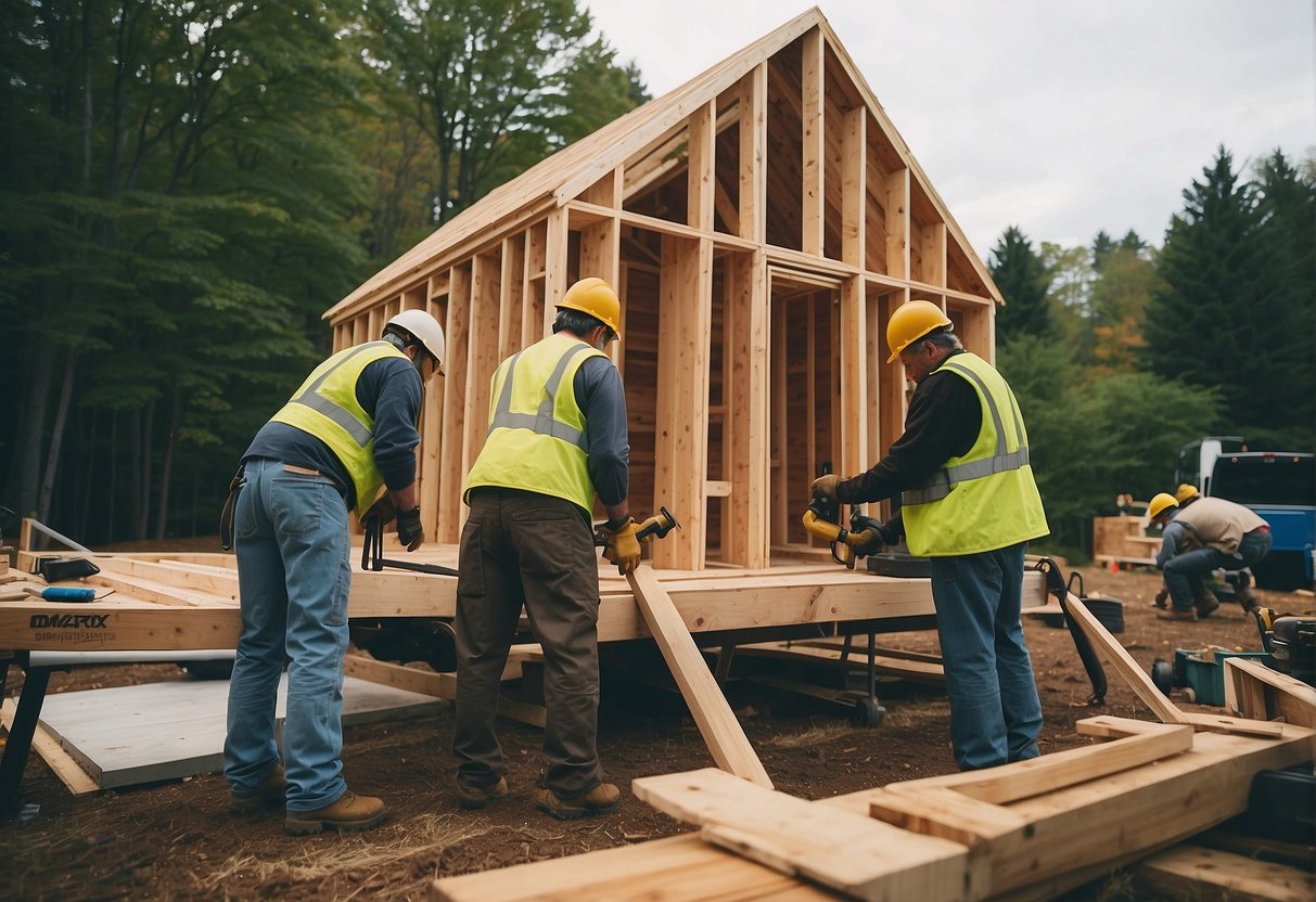 A group of builders constructing a tiny home in Connecticut, surrounded by tools and materials