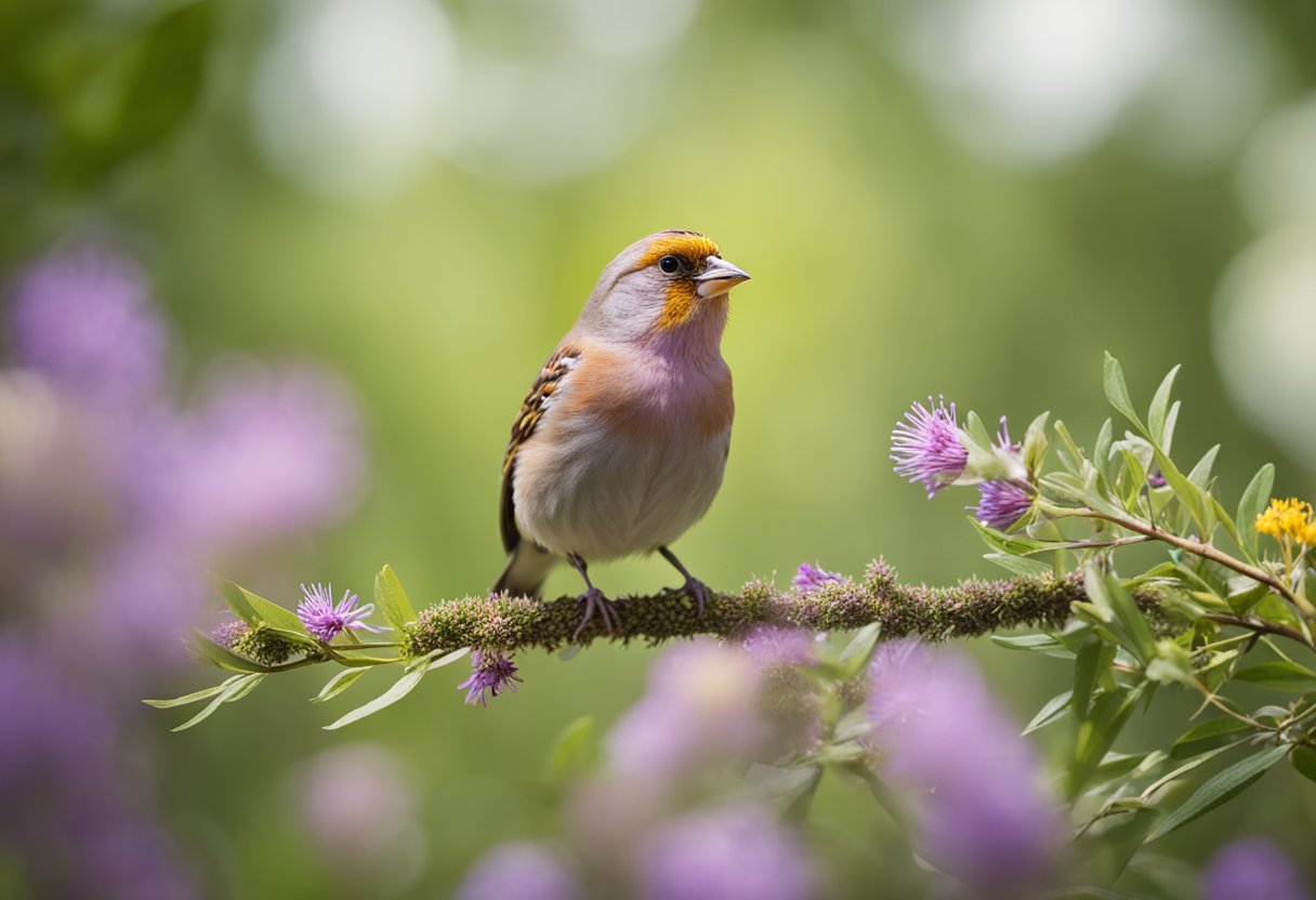 A finch perches on a branch, its vibrant feathers catching the sunlight. It gazes intently at a cluster of wildflowers, as if seeking a message from the natural world