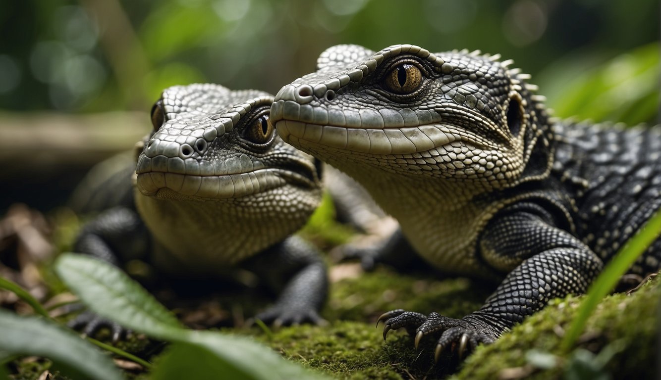Two monitor lizards stalk prey through a lush jungle, their powerful bodies coiled and ready to strike