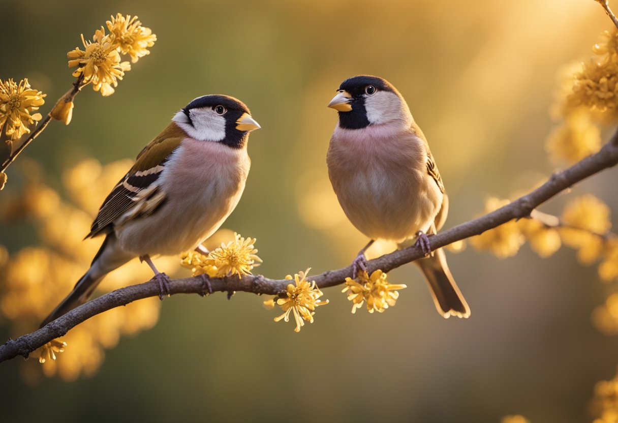 A pair of finches perched on a blooming branch, surrounded by rays of golden light, symbolizing freedom and joy
