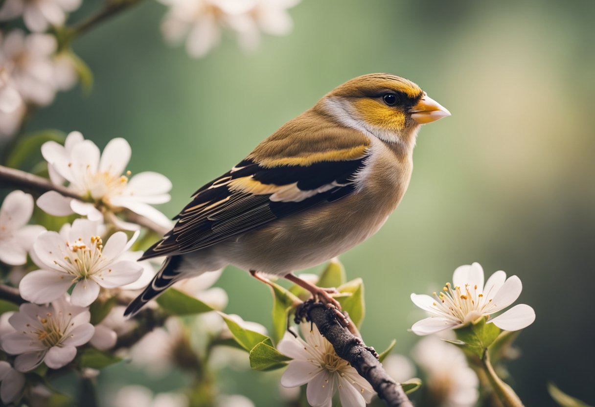 A finch perched on a blooming branch, surrounded by symbols of growth and spirituality