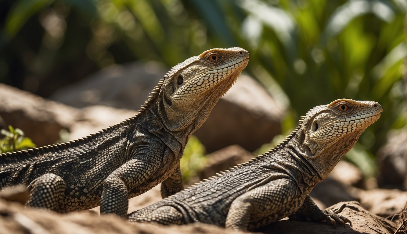 A group of monitor lizards basking in the sun, their sleek bodies and sharp claws on display.

One lizard is stalking its prey, while another is devouring its catch