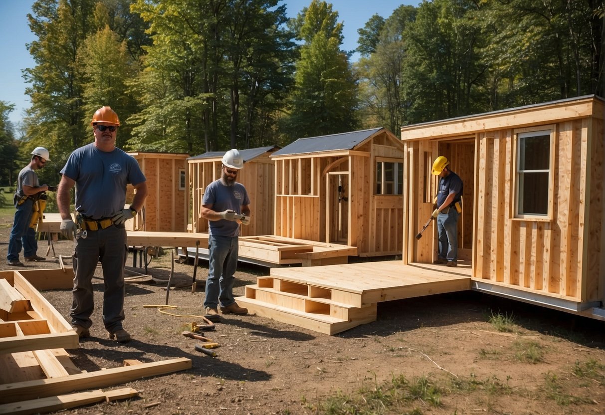 Workers construct tiny homes, following building regulations in CT. Materials and tools are organized on-site