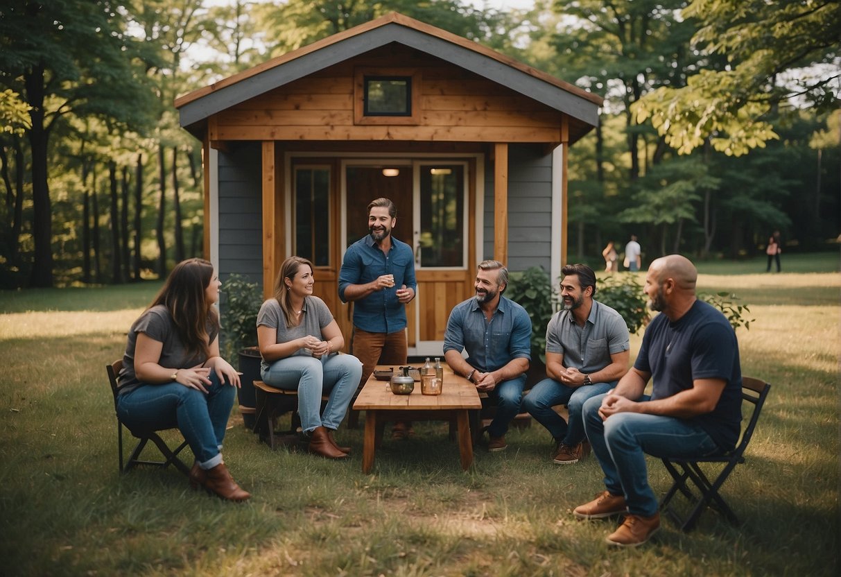 A group of people gathered around a small, well-crafted tiny home in Connecticut, asking questions and discussing the building process