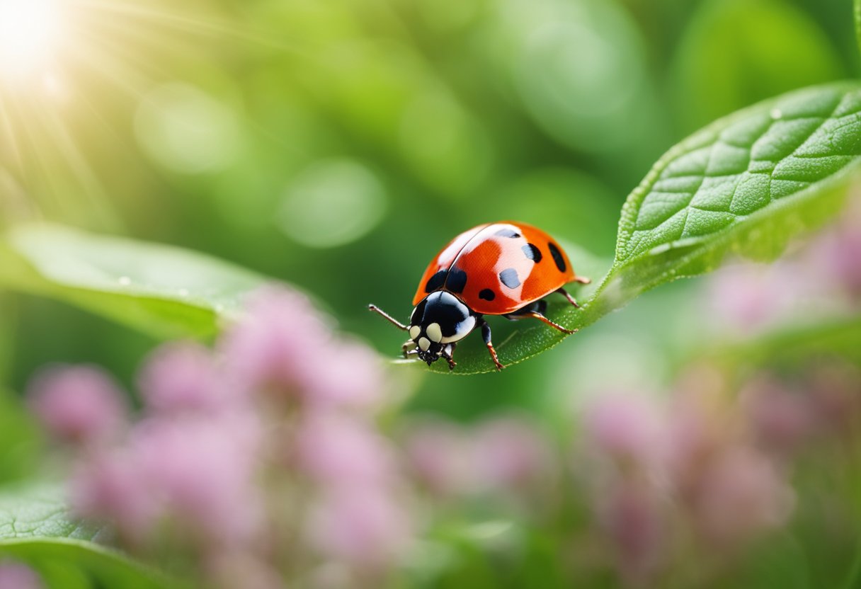 A spotless ladybug sits on a vibrant green leaf, its pure red shell gleaming in the sunlight. Surrounding it are delicate flowers and a sense of tranquility in the air