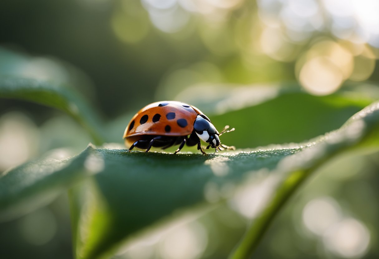 A ladybug with no spots perched on a leaf, surrounded by symbols of spirituality and folklore