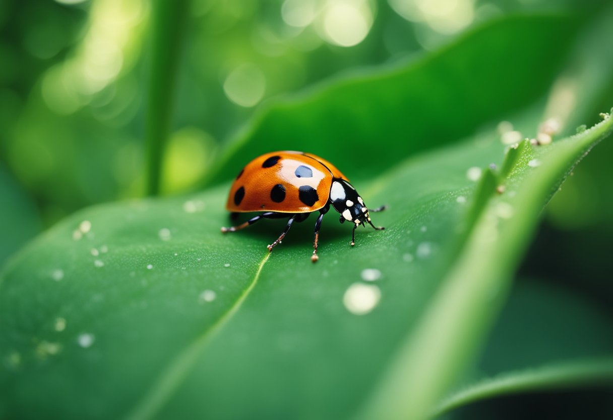 A ladybug without spots crawls on a green leaf, symbolizing purity and protection in nature