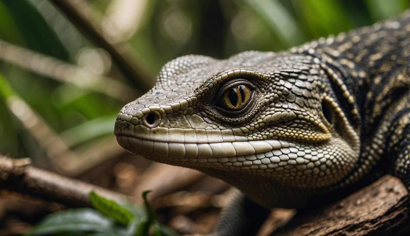A monitor lizard hunts its prey in the dense jungle, its sharp eyes scanning for movement.

Its powerful legs propel it forward as it stealthily stalks its next meal