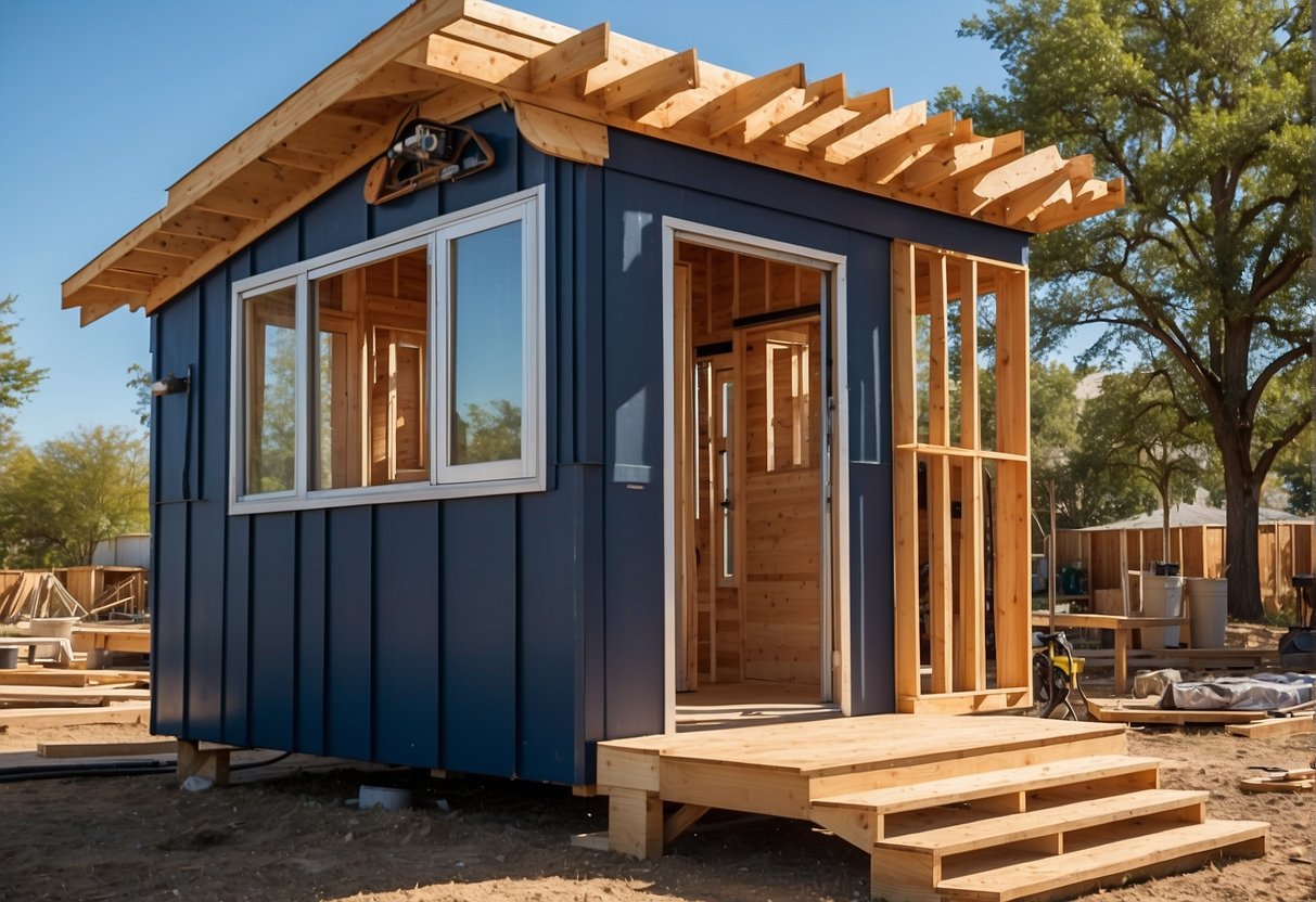 Tiny home builders construct in Dallas, Texas. Materials and tools surround the unfinished structure. Blue skies and green trees provide a backdrop