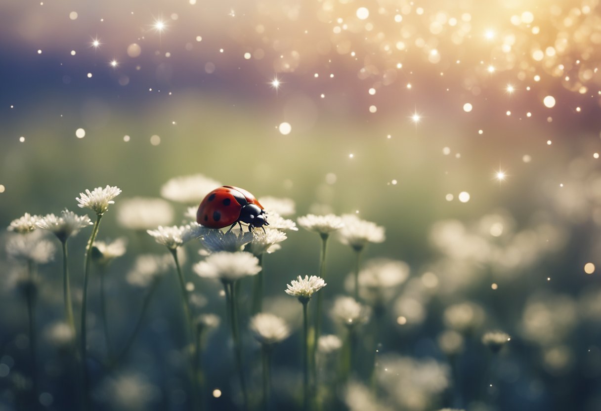 A lone ladybug with no spots floats through a dreamy sky, surrounded by shimmering stars and soft clouds, symbolizing spiritual growth and transformation