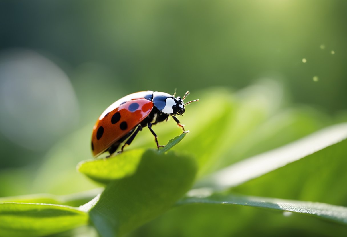 A spotless ladybug lands on a leaf, its red shell without a single spot. The sunlight glints off its smooth back, as it sits in quiet contemplation