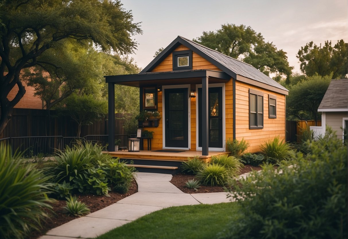 A tiny home sits nestled in a vibrant Dallas neighborhood, surrounded by lush greenery and modern urban design