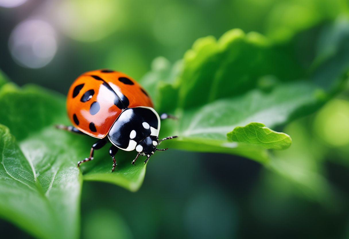 A ladybug without spots rests on a leaf, surrounded by vibrant greenery, symbolizing spiritual connection with nature's messages