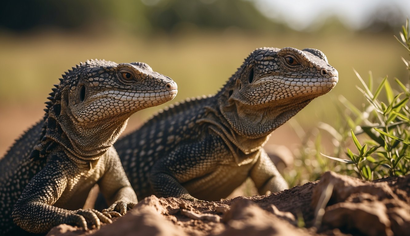 A group of monitor lizards roam a sun-drenched savannah, their sleek bodies glistening in the sunlight as they hunt for prey