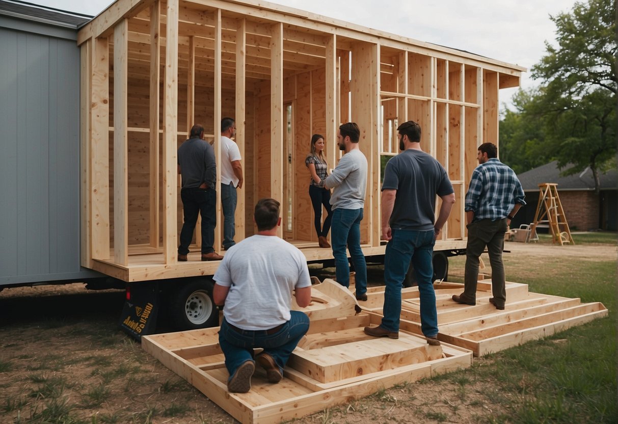 A group of tiny home builders in Dallas, Texas, construct a small, modern home using sustainable materials. The builders work diligently, measuring, cutting, and assembling pieces to create a cozy and efficient living space