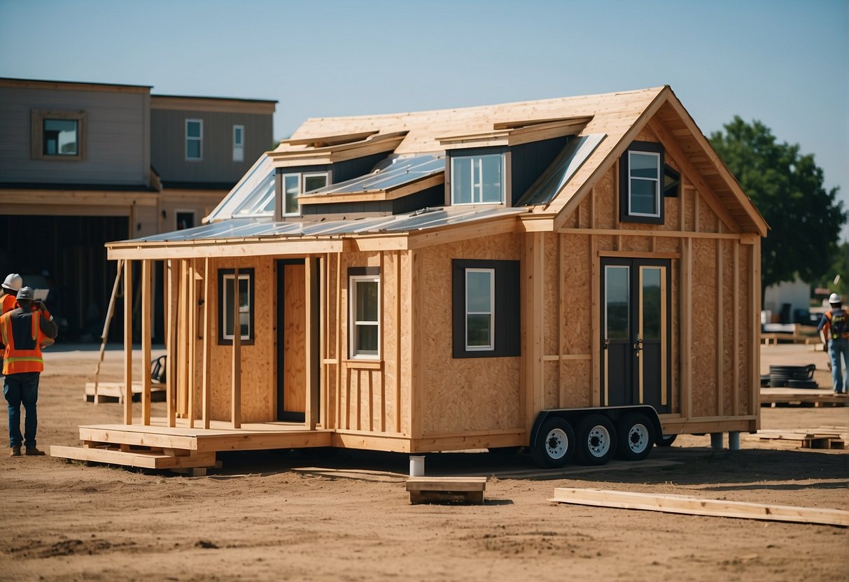 A group of tiny homes being built in Dallas, Texas, with workers constructing and assembling the structures