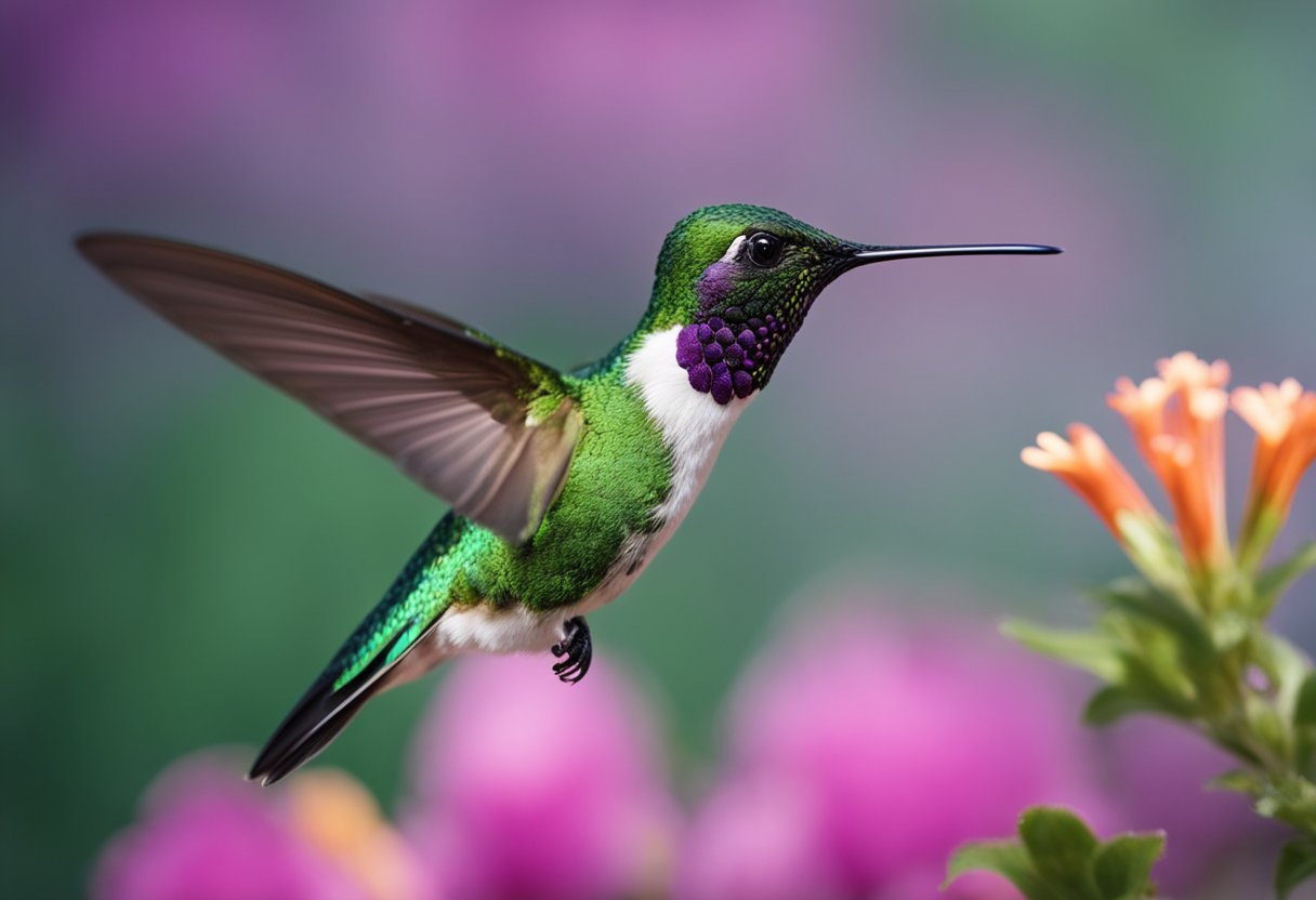 A vibrant green hummingbird hovers near a blooming flower, symbolizing joy, resilience, and spiritual growth