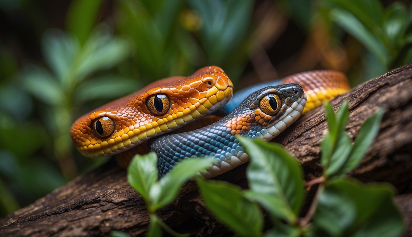 Two corn snakes slither among vibrant foliage, their scales reflecting a rainbow of colors.

They coil around each other, displaying their friendly nature