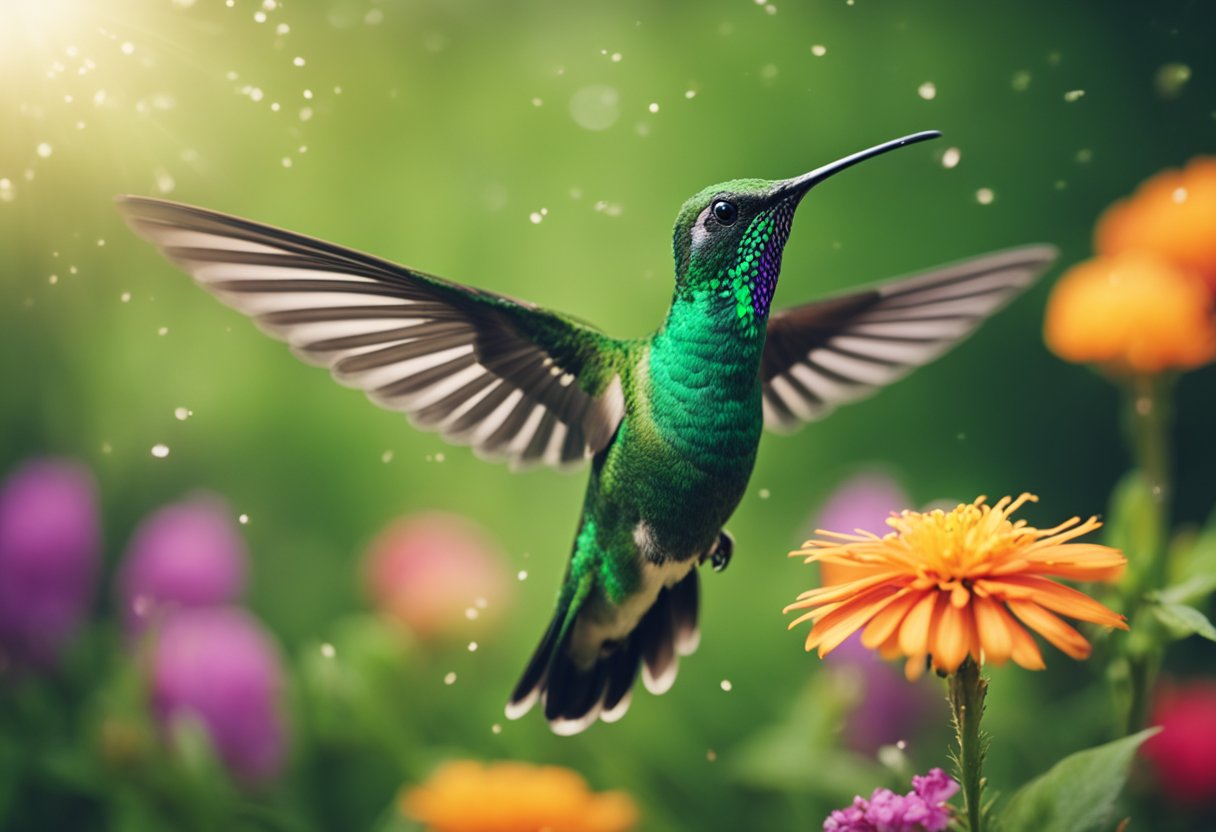 A green hummingbird hovers near vibrant flowers, symbolizing joy and resilience in mythology