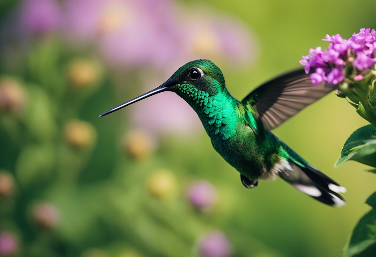 A vibrant green hummingbird hovers near a blooming flower, symbolizing spiritual encounters and the interconnectedness of nature