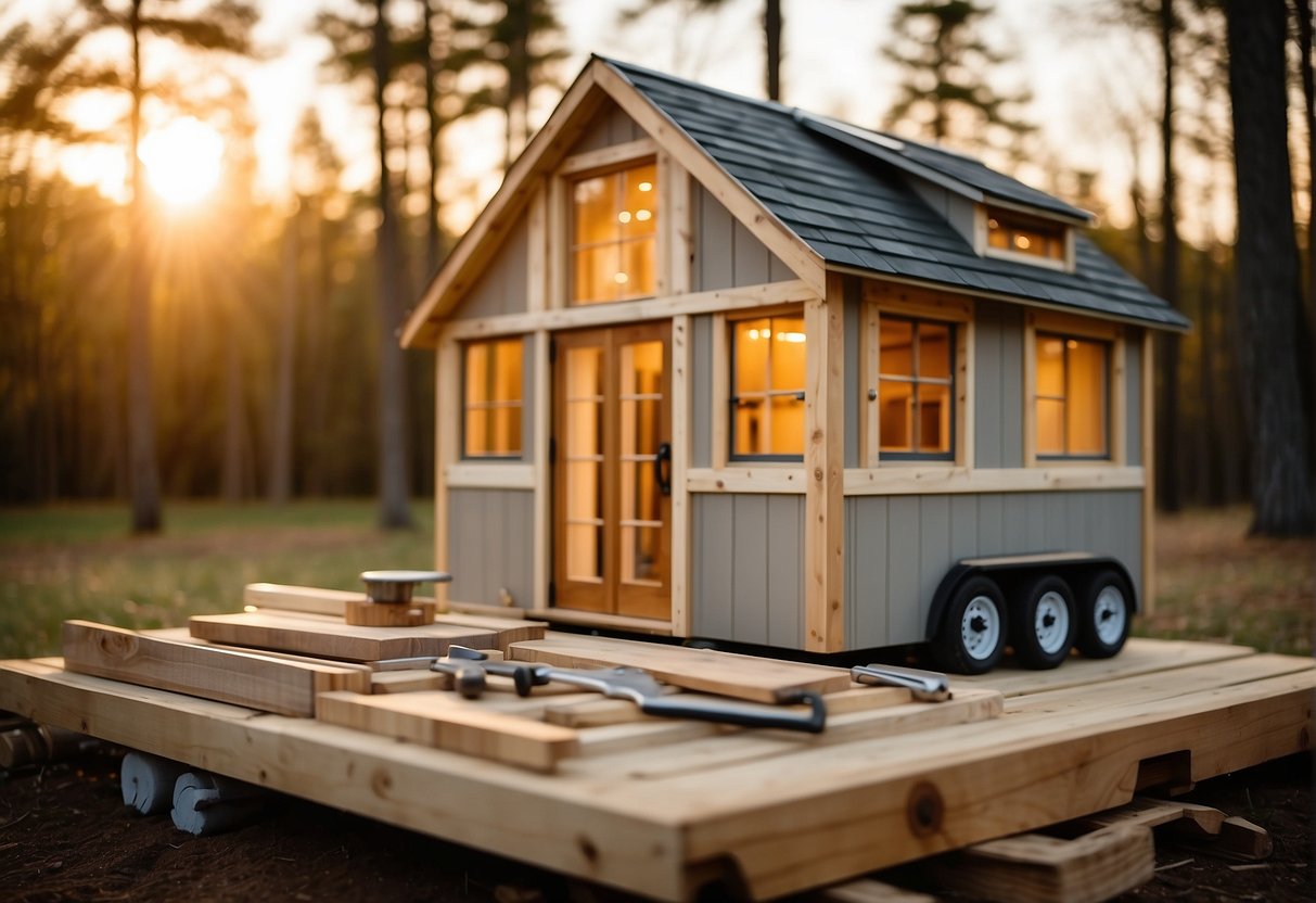 Tiny home builders construct in Delaware. Tools and materials surround the unfinished structure. The sun sets behind the trees, casting a warm glow on the scene