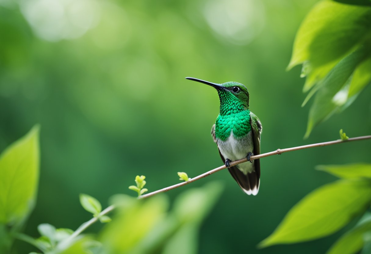 A green hummingbird hovers peacefully, eyes closed, surrounded by vibrant green foliage, embodying the spiritual meanings of meditation and mindfulness