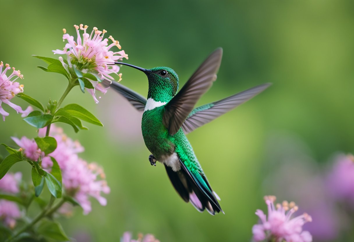 A vibrant green hummingbird hovers near a blooming flower, symbolizing spiritual vitality and conservation status