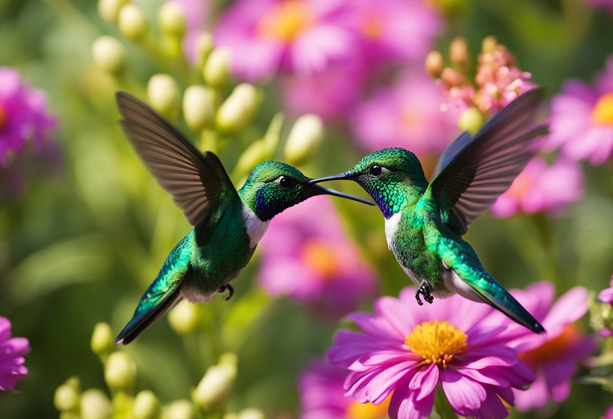 Green hummingbirds hover around vibrant flowers, their iridescent feathers shimmering in the sunlight, symbolizing joy and resilience