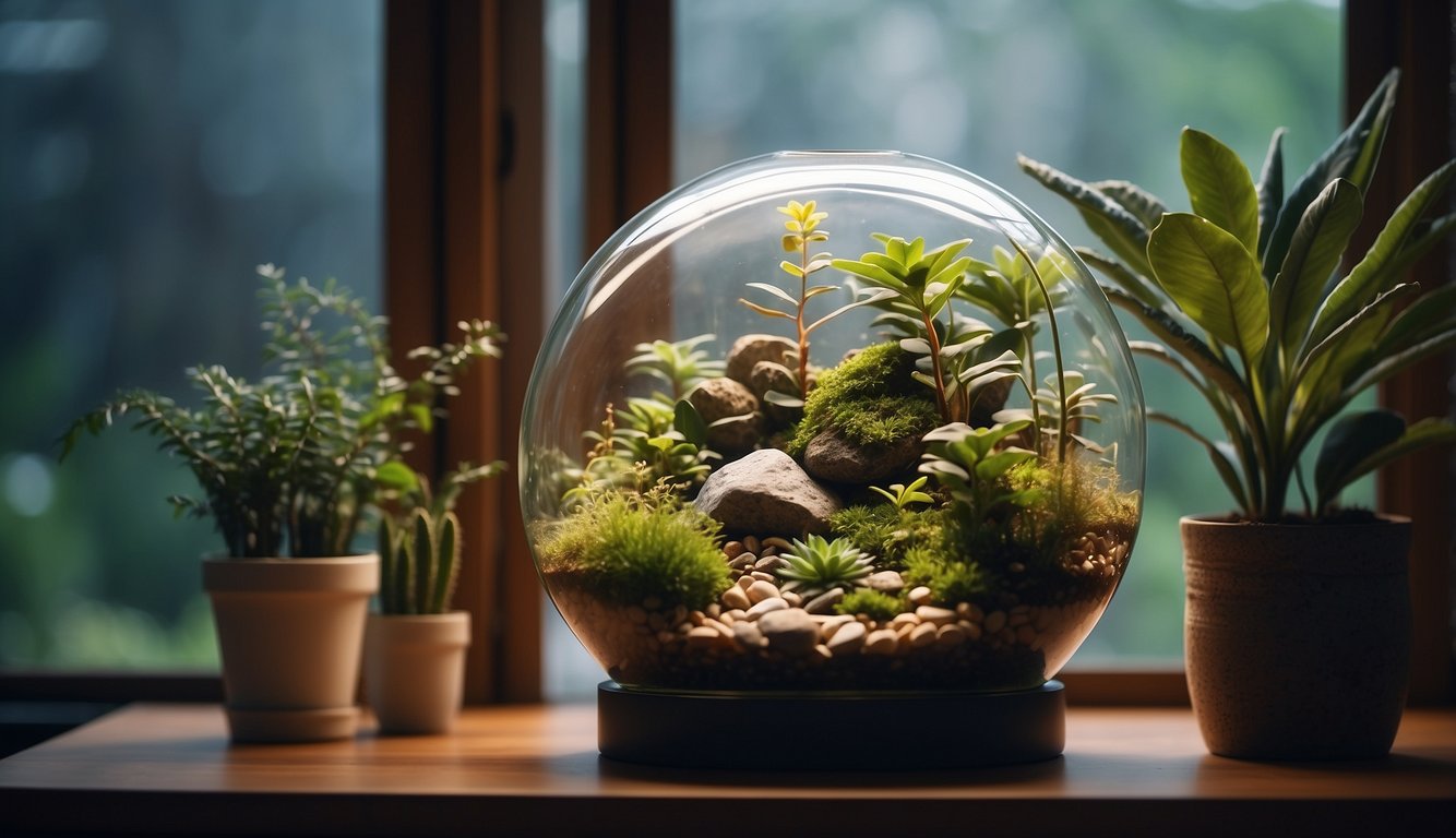 A terrarium with a branch, rocks, and fake plants.

A heat lamp and water dish are visible