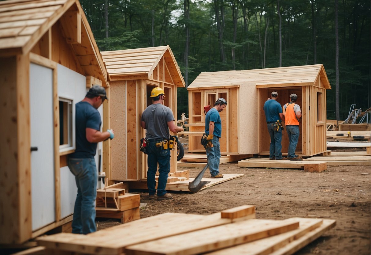 A group of skilled builders construct tiny homes in Delaware, using tools and materials to create unique and sustainable living spaces