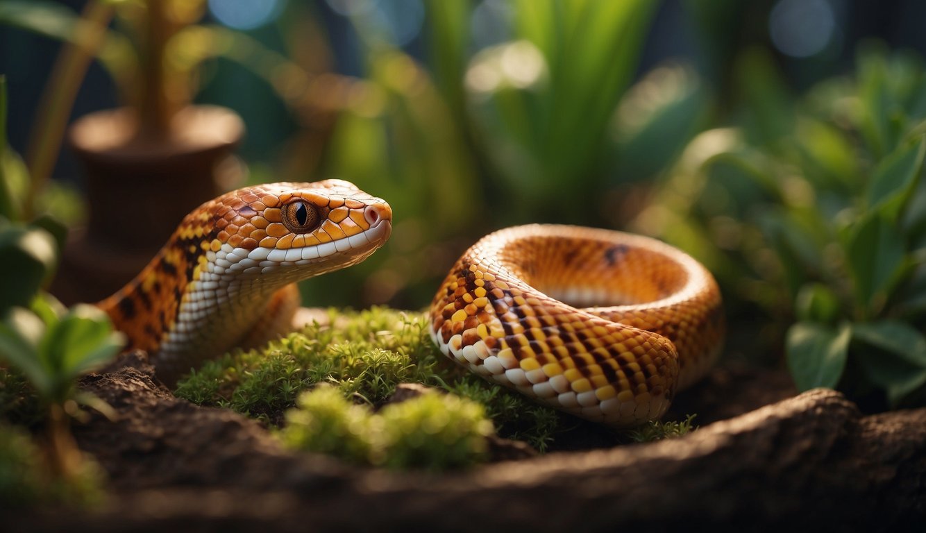 A colorful corn snake slithers through a vibrant terrarium, basking under a warm light with a small dish of water nearby