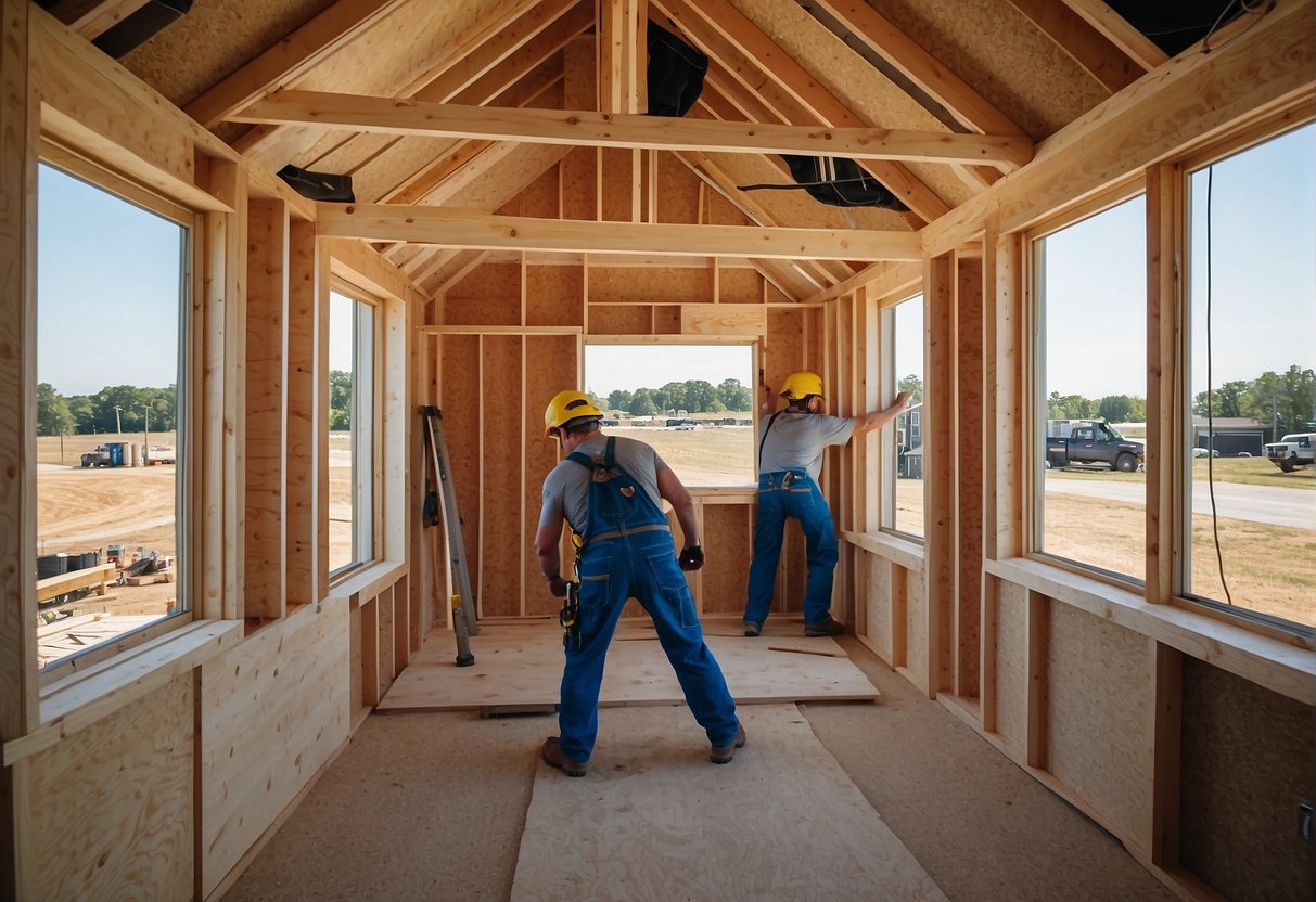 The tiny home builders in Delaware are constructing the frame, adding insulation, and installing windows and doors, following a timeline from foundation to finishing touches