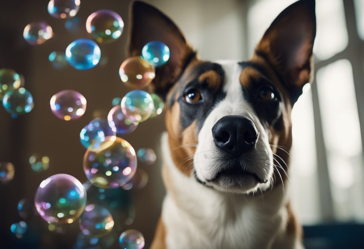 A dog aggressively bites into a dream bubble, symbolizing spiritual conflict and inner turmoil