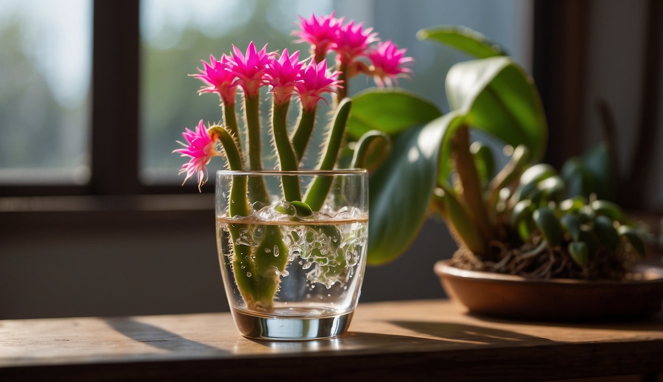 A Thanksgiving cactus cutting sits in a glass of water, with roots beginning to form. A small label reads "FAQ: How to Start a Thanksgiving Cactus in Water"