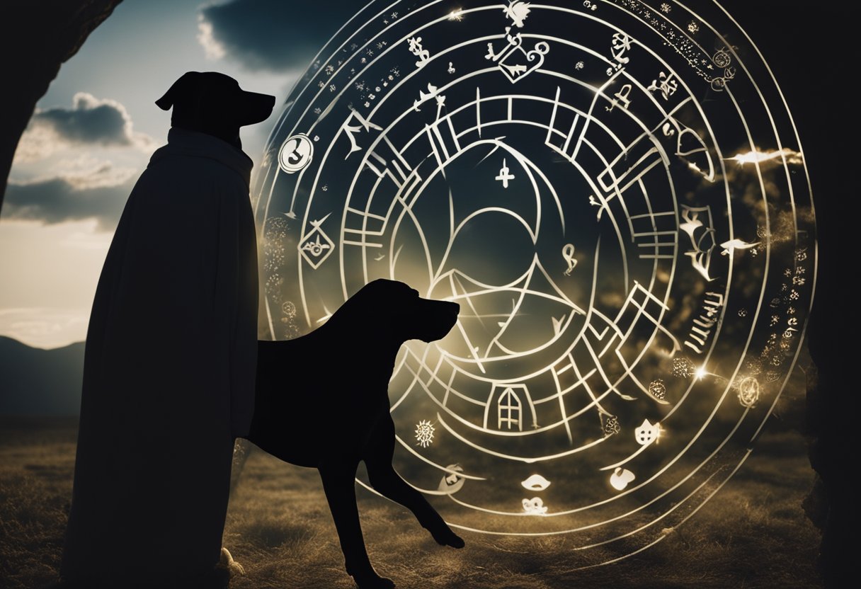 A dog bites a shadowy figure, surrounded by symbols of spirituality and mysticism