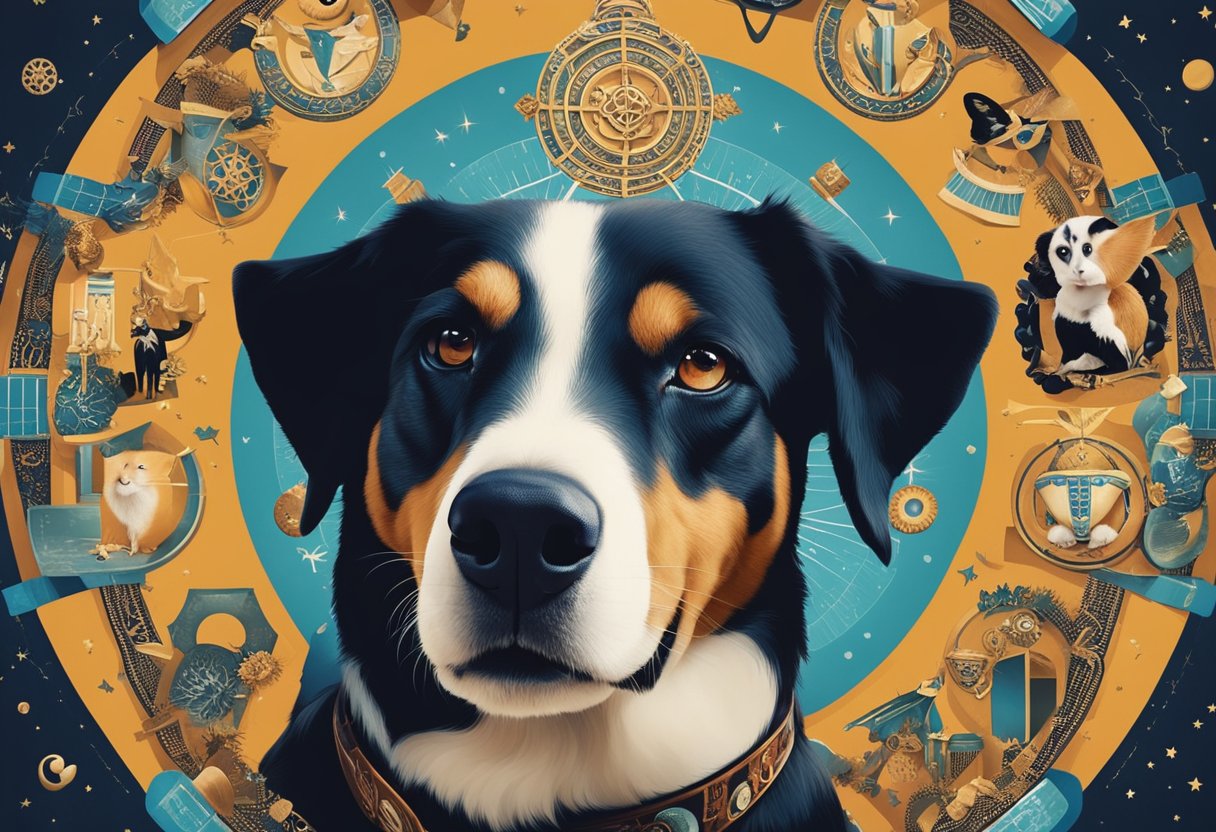 A dog biting a dreamer's leg, surrounded by symbols of spiritual healing and protection